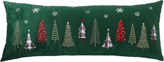 Christmas Embroidery Throw Pillow Covers 14 x 36 inch Christmas Dec Velvet Pillowcases Forest Green Xmas Tree Cushion Pillow Cases Soft Lumbar Holiday Pillowcase(1 Piece)