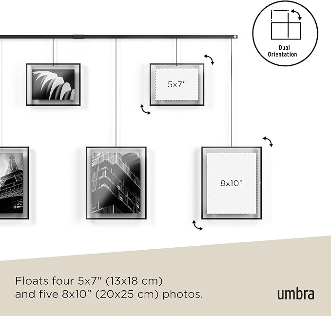 Umbra Exhibit Gallery Picture Frames, Adjustable Wall, Set of 9, Black | Steel, movable hanging rods, holds 8x10 and 5x7 sizes, minimal screw holes, mounting hardware included