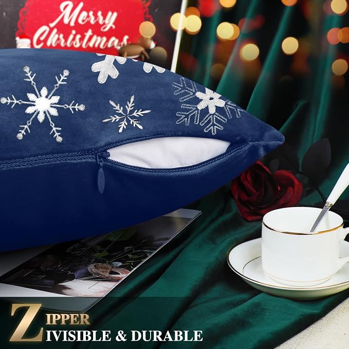 BRAWARM Christmas Pillow Cover 20 X 20 Inches, Navy Blue Snowflake Embroidered Pillow Cover, Soft Velvet Decorative Throw Pillow for Couch Bed Sofa Living Room Home