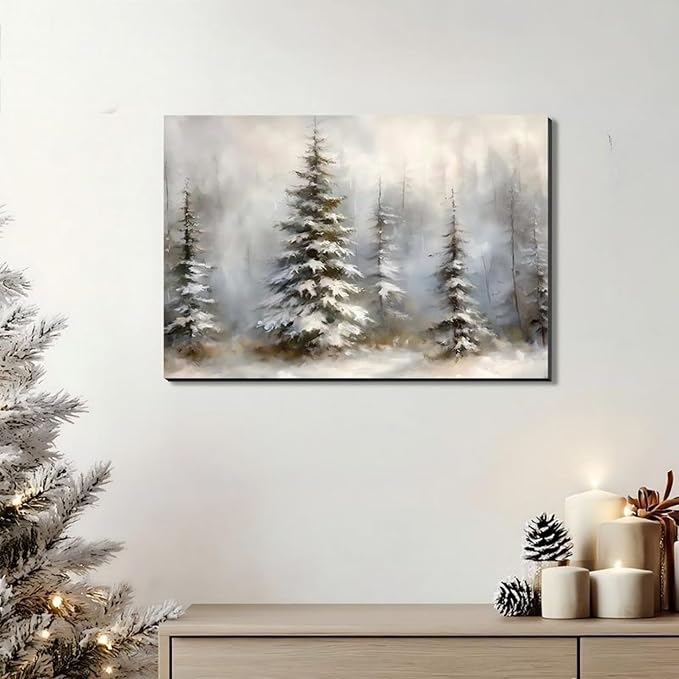 Framed Canvas Wall Art 24x36in, Vintage Snowy Christmas Tree Decor, Pine Tree Pictures for Living Room Decor, Winter Forest Paintings for Bedroom Bathroom, Holiday Decorations Gifts