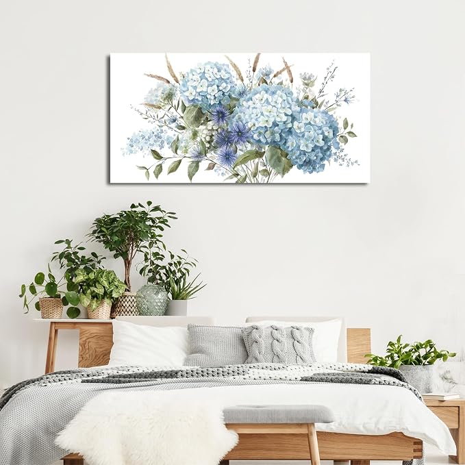 VEAEE Blue Hydrangea Botanical Canvas Prints Painting Abstract Artwork 20"x 40" Living Room Wall Decor