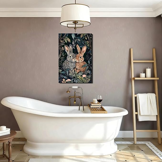 Vintage Framed Easter Canvas Wall Art 8x12, Retro Two Bunnies Pictures Wall Decorations Indoor, Rustic Spring Wall Decor with Cute Rabbit & Florals for Bedroom Living Room Office