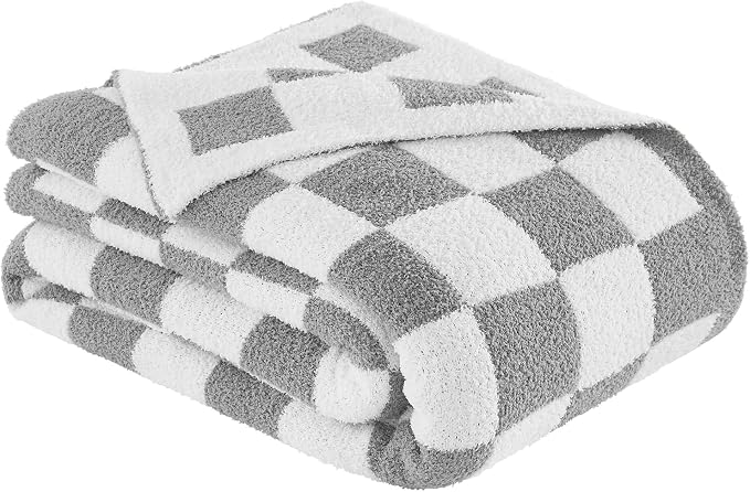 Checkered Throw Blanket for Couch, Soft Cozy Warm Knitted Blankets | Lightweight Fuzzy Travel Warm Decor for Women, Mom, Girls, Sofa, Chair, 50x70in, Light Grey