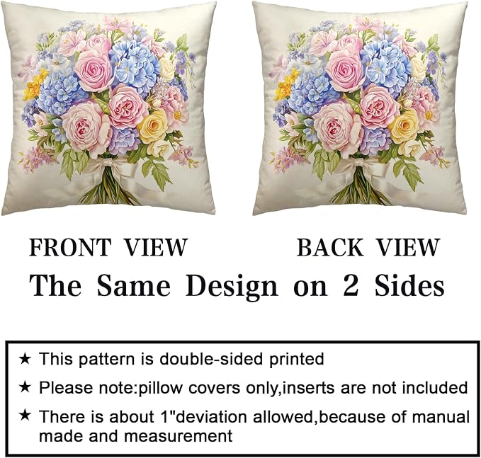 Spring Summer Floral Pillow Covers 20x20 Pink Rose Blue Hydrangea Throw Pillow Covers Exquisite Bouquet Pillow Case Flowers Cushion Case for Living Room Couch Sofa 2 Pack