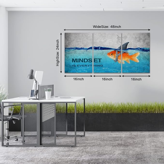 KAWAHONE 3 Panels Modern Framed Inspirational Quote Canvas Wall Art-Mindset is Everything Goldfish Strong Shark Motivational Posters Framed, Bathroom Bedroom Office Decor Framed Ready to Hang