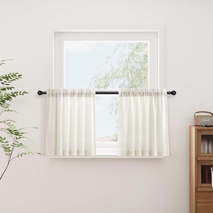Linen Valance Curtains 18 Inches Long for Cafe Natural Cream Semi Sheer Short Curtain Rod Pocket 2 Panels Set Boho Farmhouse Light Filtering Window Drapes for Bathroom RV Beige Ivory 52x18
