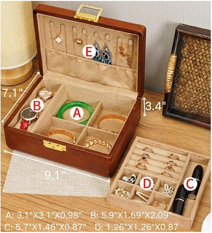 Bescott 2 Layer Solid Wooden Jewelry Box with Lock and Key for Women Men Vintage Velvet Wood Jewelry Organizer Storage for Earrings Rings Necklaces Bracelet Watch Mother’s Day Gift