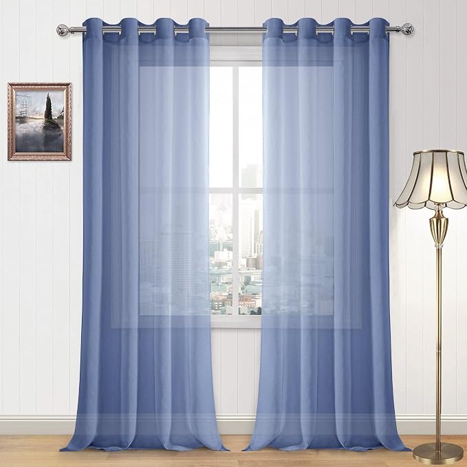 DWCN Sheer Curtains for Living Room Bedroom - Faux Linen Look Voile Drapes Grommet Top Window Curtain Panel 52 x 95 Inches Long, Dusty Blue, Set of 2 Panels
