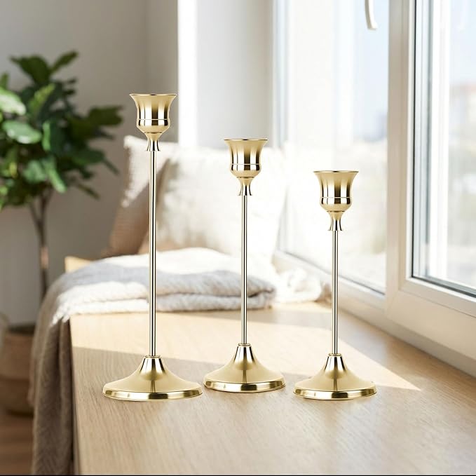 1 Sets Candle Holder Gold Candlestick Holders -Vintage Modern Metal Taper Candle Holders, Decorative Centerpiece for Table Mantel, Wedding Kitchen Home Decor, Wedding Gift,3Pcs