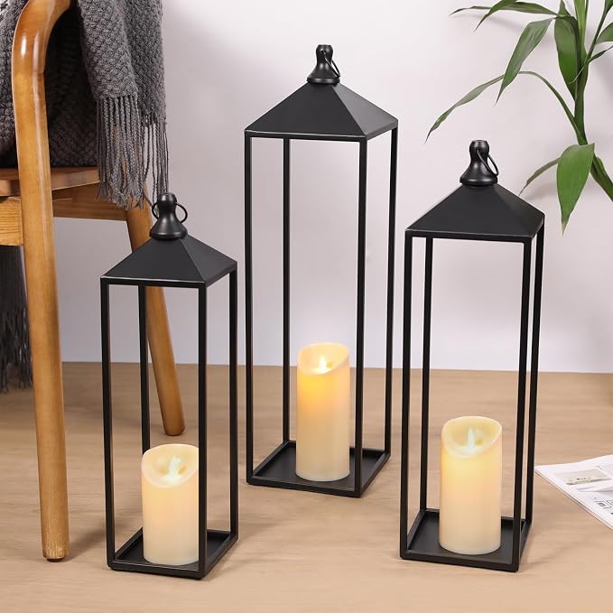 22'' 19'' 17'' Lanterns Decorative Outdoor Indoor, Set of 3 Floor Lanterns | Outdoor Lanterns with Candles, Glass-free Modern Farmhouse Lanterns for Room, Porch, Mantle, Patio, Garden