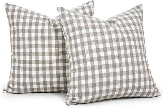 Farmhouse Light Grey Throw Pillows Gray Gingham Plaid Pillow Covers 20x20 | Set of 2 Gray Pillow Covers 20 x 20, Vintage Farmhouse Cottage Core Decor, Grey and White Neutral Room Decor Pillow Covers