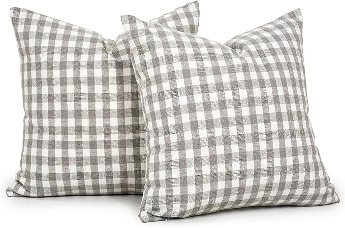 Vintage Light Grey Throw Pillows Gray Gingham Plaid Pillow Covers 16x16 | Set of 2 Gray Pillow Covers 16 x 16, Vintage Farmhouse Cottage Core Decor, Grey and White Neutral Room Decor Pillow Covers