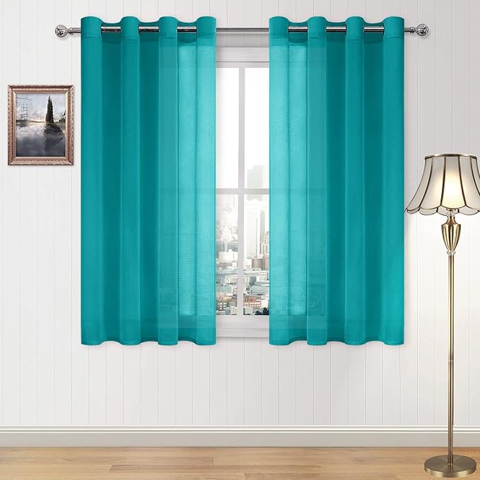 DWCN Turquoise Faux Linen Sheer Curtains - Grommet Voile Window Curtain Drapes for Bedroom Living Room 52 x 54 inch Length, Set of 2