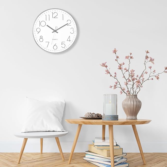 Foxtop Large 14" Wall Clock Silent Battery Operated Clock, Silver | Non-Ticking, Round, Analog Clock, Quartz, Easy to Read, Living Room, Bedroom, Kitchen, Office