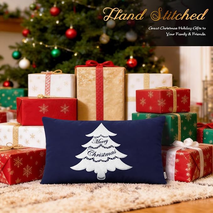 BRAWARM Christmas Pillow Cover 12 X 20 Inches, Navy Blue Christmas Tree Embroidered Lumbar Pillow Cover, Soft Velvet Decorative Throw Pillow for Couch Bed Sofa Living Room Home