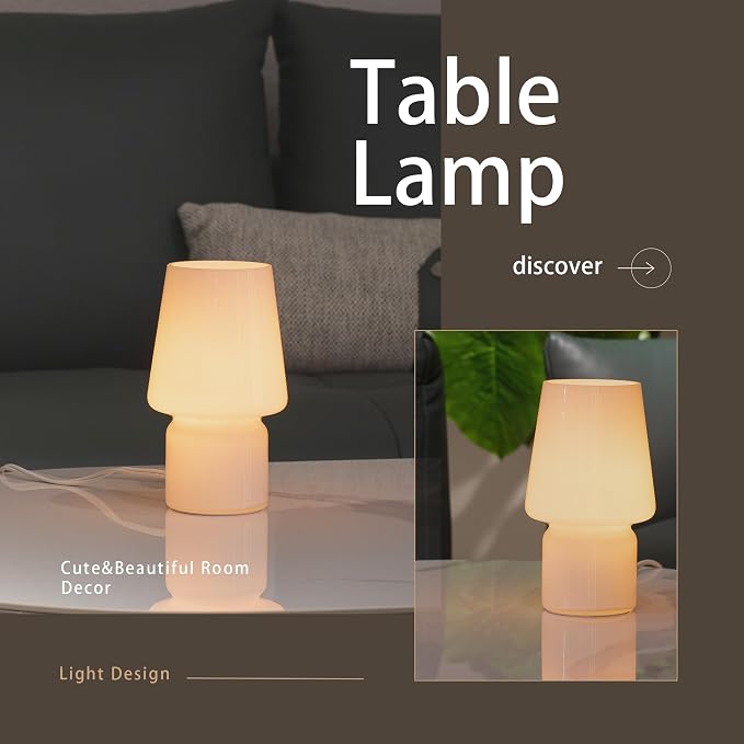 Mushroom Lamp,Mother's Day Gifts,Small Table Lamp,Cute Nightstand Kitchen Mini Lamp,Glass Table Lamp,Suitable for Bedrooms, Kitchens, Living Rooms, Bedside, Girl Gifts（White）