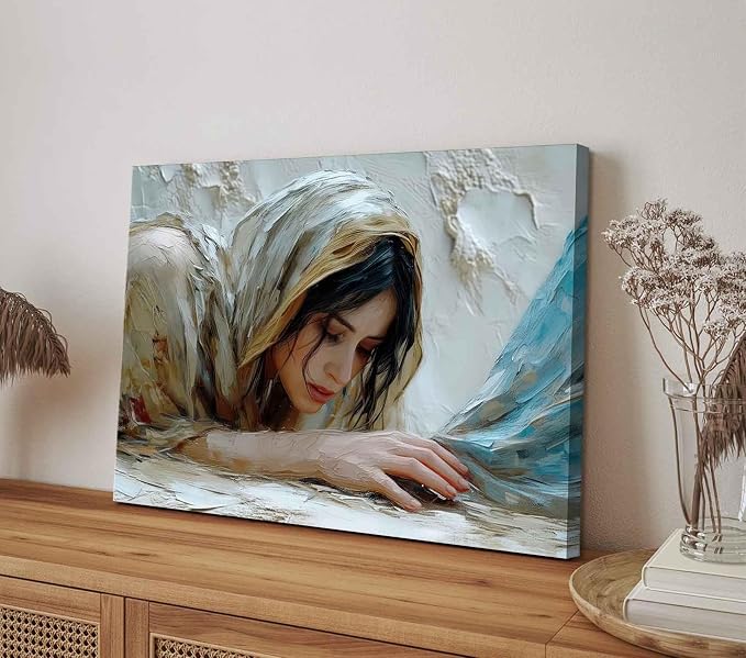 LCZDXGR Christian Wall Art Woman Touching Jesus Hem Canvas Framed 24x16in | Biblical healing miracle canvas with soft neutral tones for prayer room, bedroom, living room, church office, or faith gifts