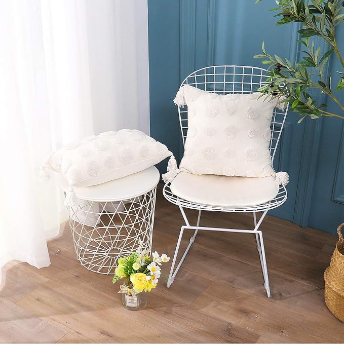 PLWORLD Boho White Pillow Cover 18x18, Tufted Cream Chenille Case with Pom Poms & Tassels, 1PC Cover Only, No Insert