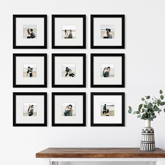YESKAY 8x8 Picture Frame Set of 9, Photo Gallery Wall Frame Set, Display Pictures 4x4 with Mat or 8 x 8 Without Mat, Square Frame Picture Frames Collage Wall Decor, Black