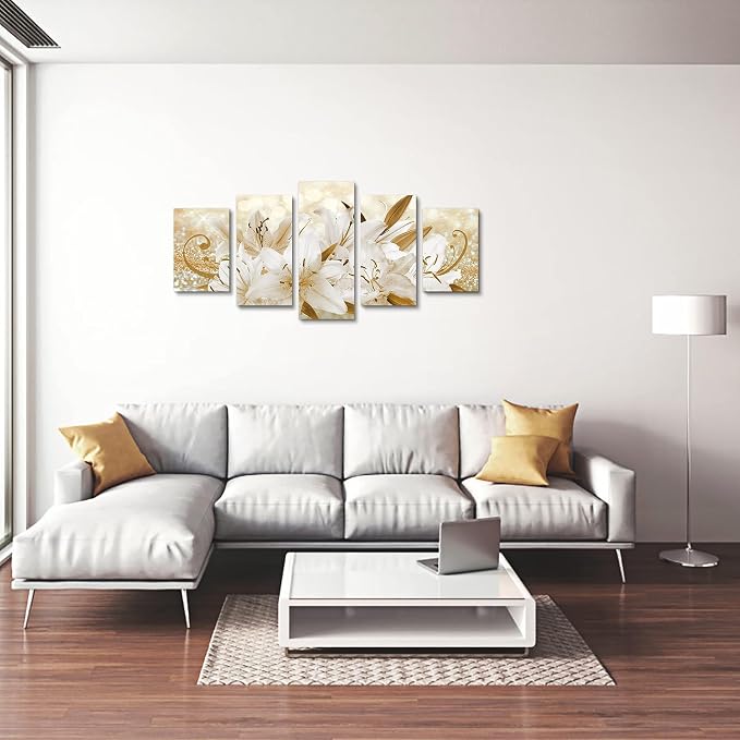 LUDUHU Golden Orchid Flowers Canvas Print - Abstract Floral Wall Art Painting Decor for Home Decoration, Contemporary White Floral Artwork Picture Bedroom Wall Art Decor (E,Oversize 40x20inch)