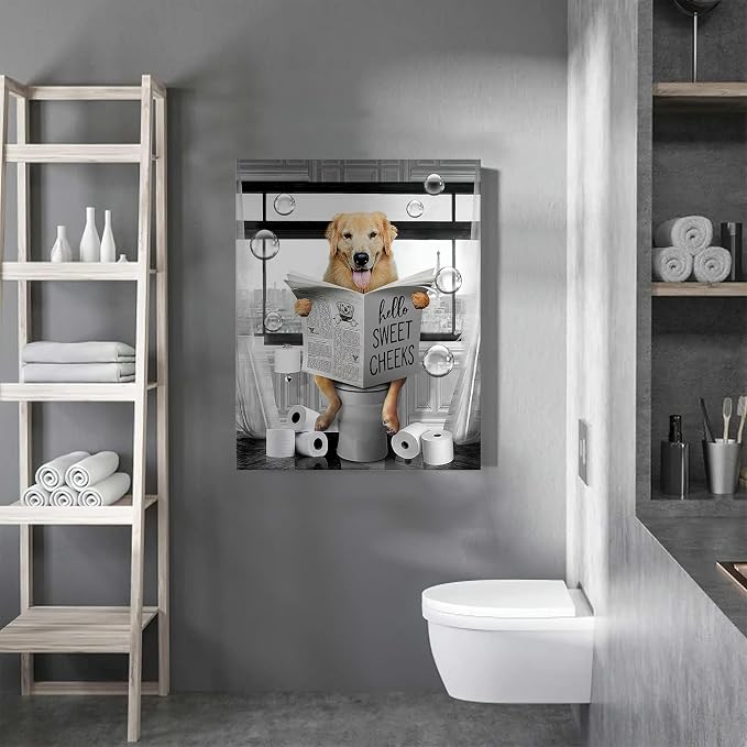 Funny Golden Retriever Wall Art Black and White Dog Bathroom Print Farmhouse Bathroom Animals Wall Decor Dog Sitting in Toilet Reading Newspaper Painting Framed Artwork for Toilet 16x24 inch