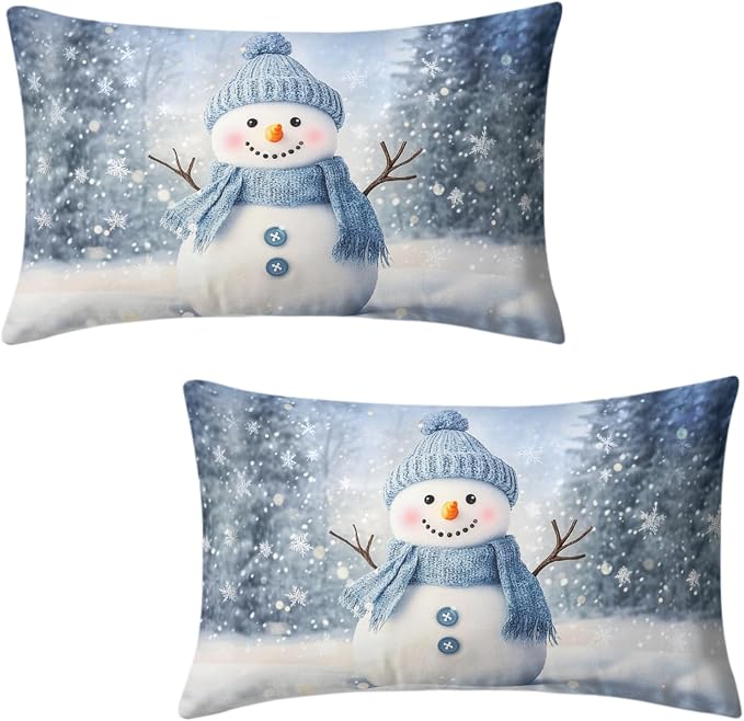 Blue Snowman Lumbar Throw Pillow Covers Winter Pillow Covers 12x20 Snowflakes Pillow Case Double Sided Printing Rectangular Cushion Case for Home Decor Couch Sofa Set of 2