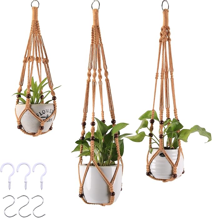 Macrame Plant Hangers with Beads for Indoor and Outdoor, 3 Pack