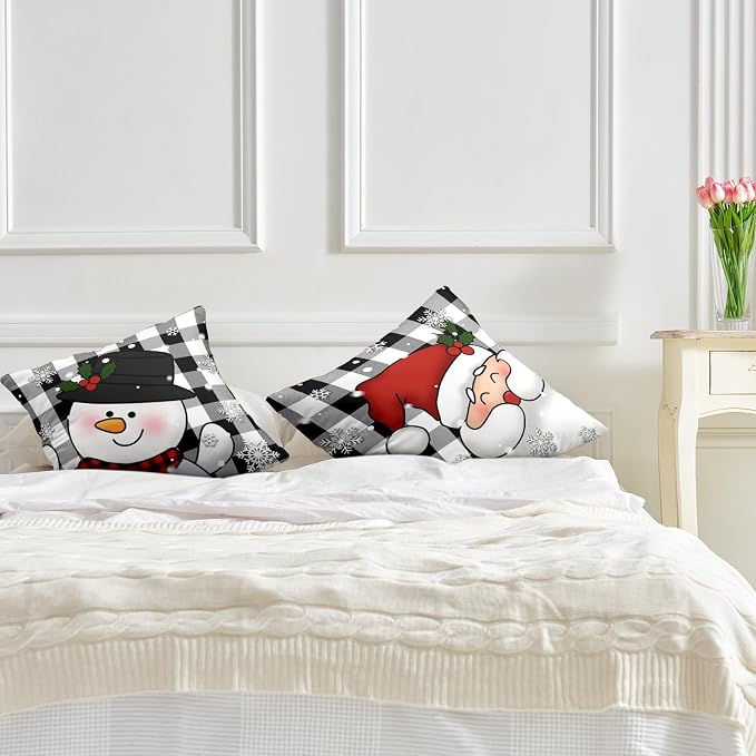 Santa Snowman Christmas Pillow Covers 22x22 Black and White Plaid Winter Throw Pillows Cases Warm Touch Xmas Decorative Cushion Cases for Indoor Bed Sofa in 2 Pcs