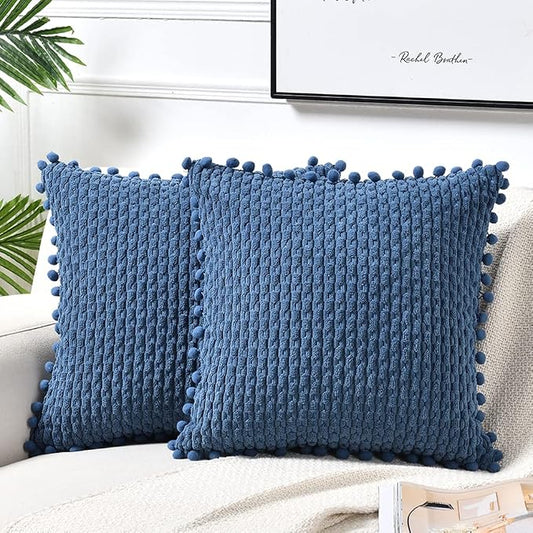 Fancy Homi Set of 2 Dusty Blue Decorative Throw Pillow Covers 16x16 Inch with Pom-poms for Couch Bed Sofa, Rustic Farmhouse Boho Home Decor, Soft Plush Corduroy Cute Cushion Case 40x40 cm