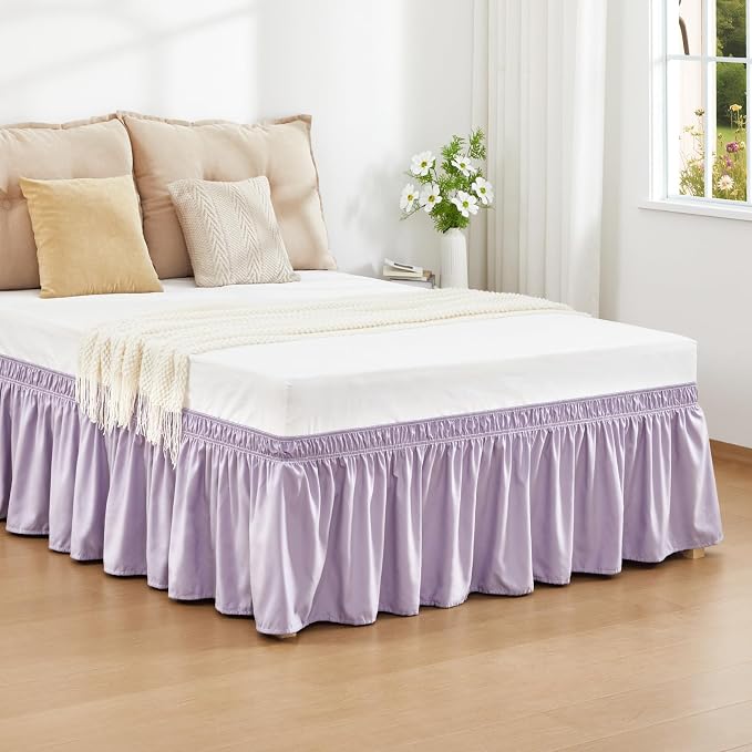 Lavender Purple Bed Skirt Queen 18" Drop, Elastic Wrap Around Bedskirt | Solid Ruffled, Easy to Use, No Mattress Lifting, Wrinkle & Fade Resistant, with Adhesive Strips, Machine Wash/Dry/Iron
