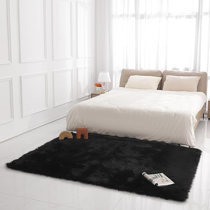 linmopm Faux Fur Rug Sheepskin Shag Fluffy Fuzzy 5x7 ft Black Rugs for Bedroom Bedside Bed Floor Living Room Plush Rectangle High-Density Cushion Carpet Super Sofa Cover