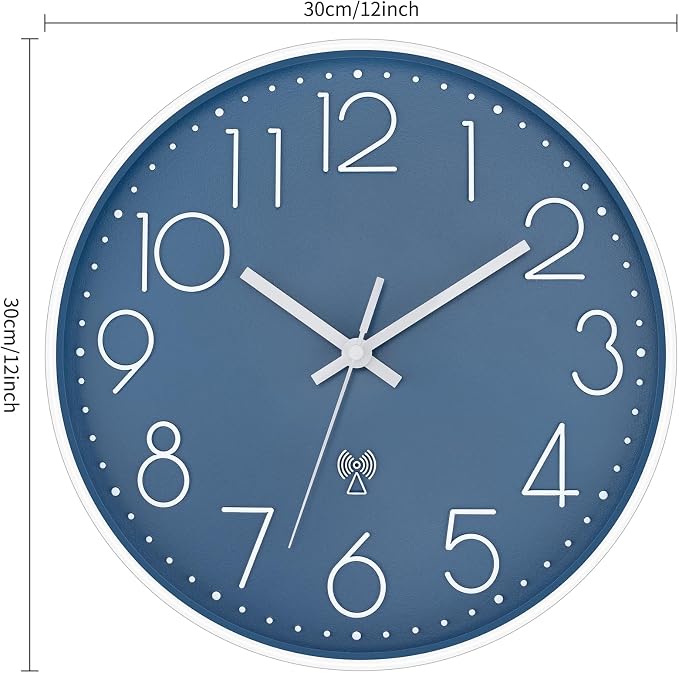 Foxtop 12" Atomic Wall Clock Battery Operated Modern Analog Clock, Cerulean | Round, Sets Automatically, Easy to Read, Office, Classroom, Bedroom, Kitchen, Living Room