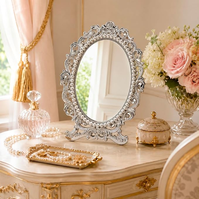 Vintage Vanity Makeup Mirror for Desk - Antique Small Table Decor, Silver | Art Nouveau Decorative with Stand, Frame for Tabletop Office Bedroom Furniture Room Bathroom Home Wall Dresser Accessories