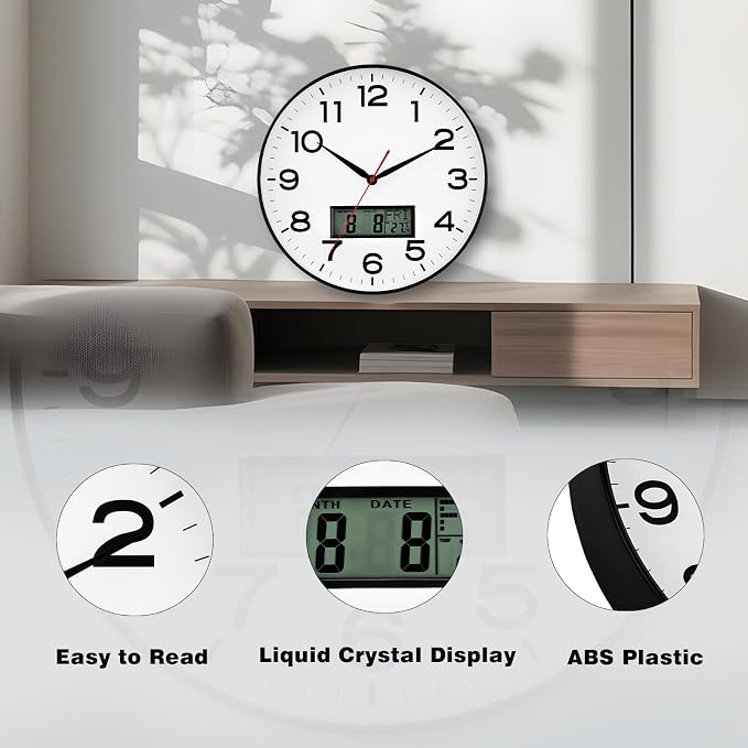 AKCISOT 12 Inch Wall Clock, Silent Battery Operated Analog Clock, Black | LCD | Office | Kitchen | Living Room | Classroom | Easy-to-read Numbers