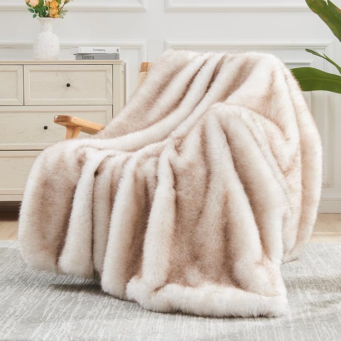 NEWCOSPLAY Faux Fur Thick Twin Blanket for Couch, Beige, 60"x80" | Luxury Fluffy Thick Warm Blanket for Couch Sofa Bed 1000GSM, Soft Plush Cozy Decorative Throw, Gift for Women Men