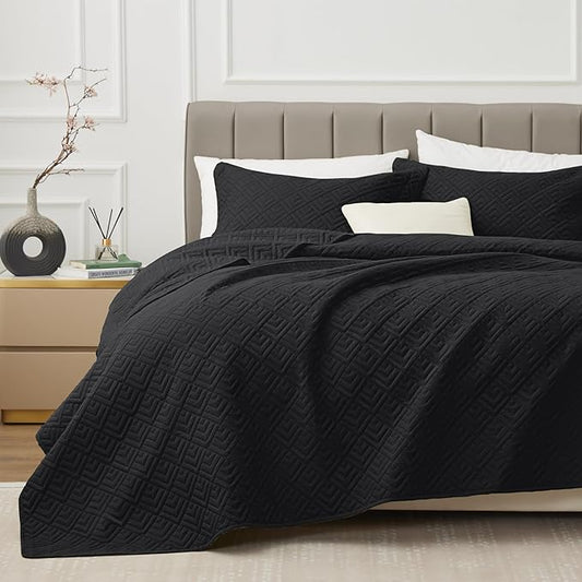 EXQ Home Quilt Set Queen Size Summer Squares Pattern Black Bedspread | Bedding Set For All Season Use, Soft & Breathable Coverlet,3-Piece Set Includes 2 Shams, Machine Washable