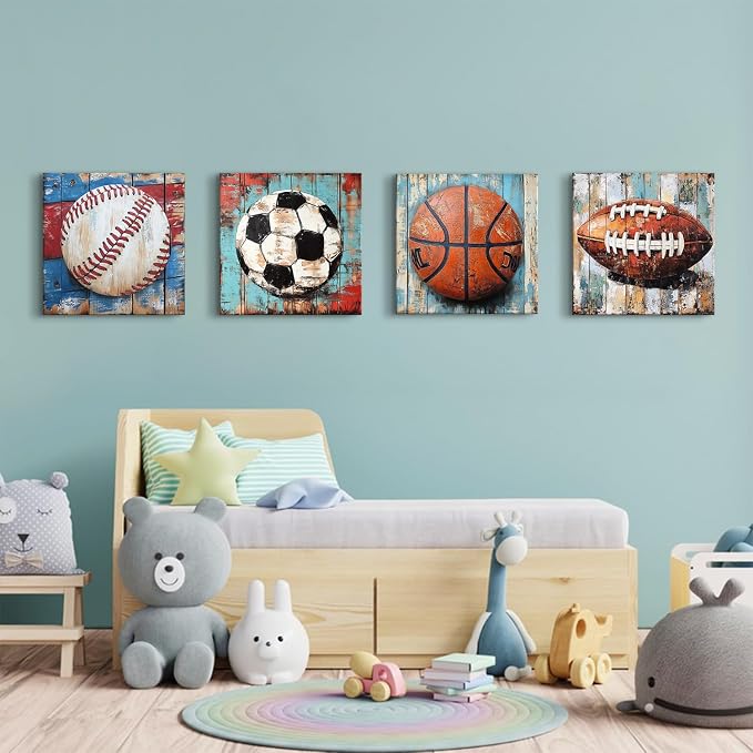Sports Wall Decor Kids Playroom Art Soccer Basketball Football Baseball Pictures for Nursery Boys Bedroom Vintage Canvas Prints Colorful Sports Posters Balls Artwork Bathroom Home Decoration 12x12" 4P