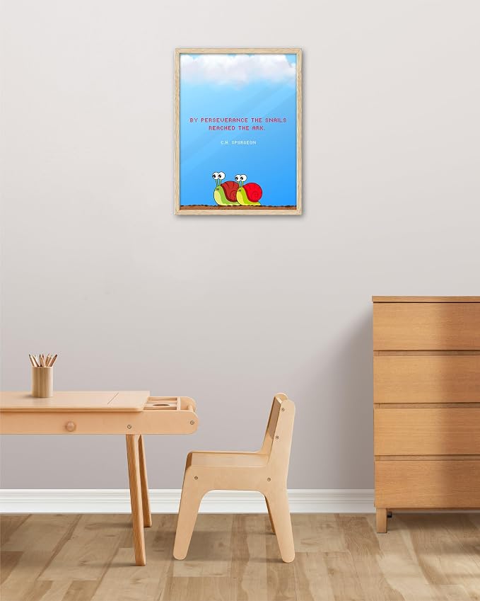 KensTro 12x16 Oak Framed Spurgeon Perseverance Snail Wall Art | Natural Oak Wood Frame with C.H. Spurgeon Quote, Cartoon Snails and Blue Sky for Bedroom, Office, Hallway or Study