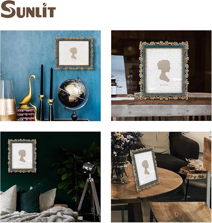 Sunlit Vintage Picture Frame 8x10 Inch, Luxury Antique Photo Frames with Glass Front, Photo Display, Tabletop Wall Hanging, Gift Ideas, Gold and Blue