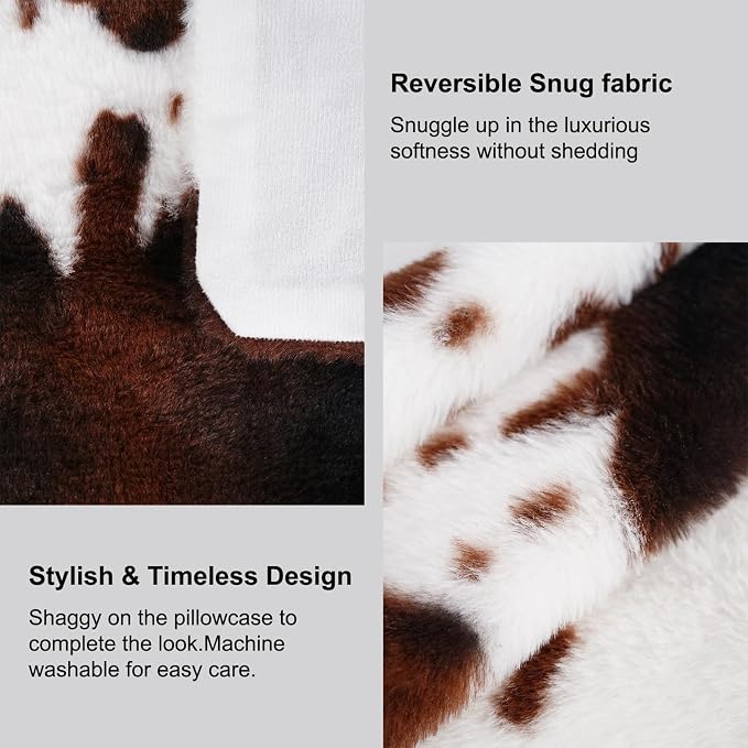 cygnus Cow Print Lumbar Pillow Covers 12x20 inch | Fluffy Fuzzy ，Decorative Square Faux Fur Throw Pillows， for Couch Sofa Living Room Bedroom Decor