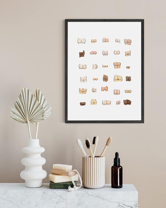 HAUS AND HUES Funny Bathroom Decor | Butts Collage Poster, Black Framed Wall Art, Guest Bathroom Humor Sign | 12"x16"