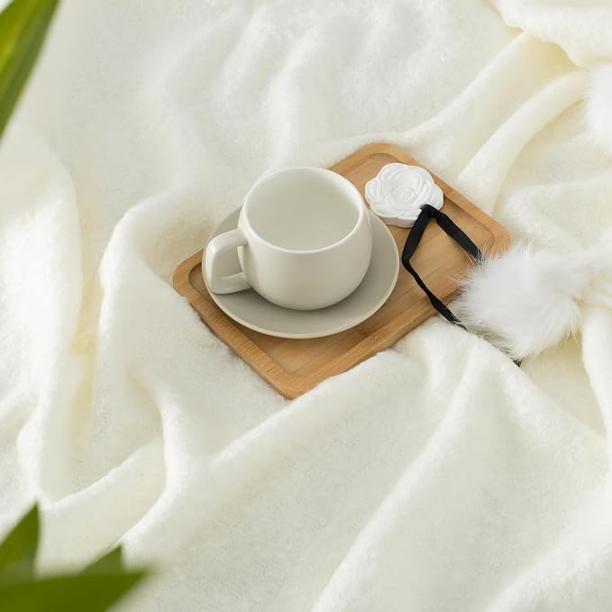 White Pom Pom Throw Blanket for Couch, 60"X80" Soft Lightweight Knitted Farmhouse Decorative Blankets for Bed and Sofa