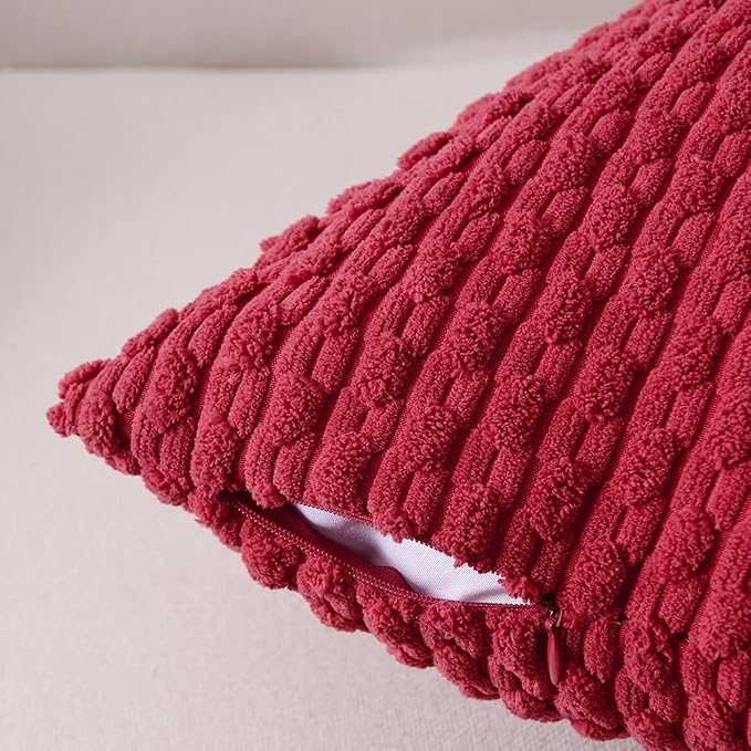 Fancy Homi 2 Packs Burgundy Decorative Throw Pillow Covers 20x20 Inch for Couch Bed Sofa, Modern Farmhouse Boho Home Decor, Soft Cute Plush Corduroy Wine Red Striped Cushion Case 50x50 CM