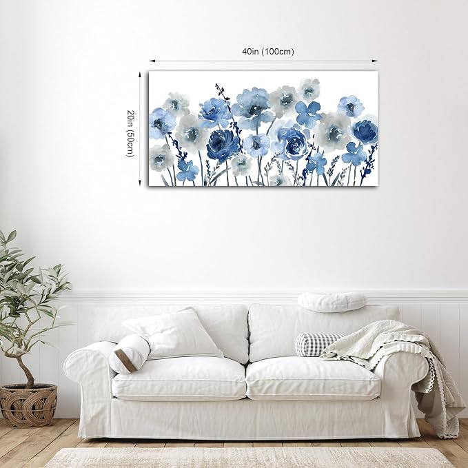 VEAEE Flowers Canvas Wall Art - Indigo Floral Canvas Pictures Living Room Wall Decor Botanical Canvas Prints Painting Abstract Artwork Bedroom Office Home Decor 20"x 40"