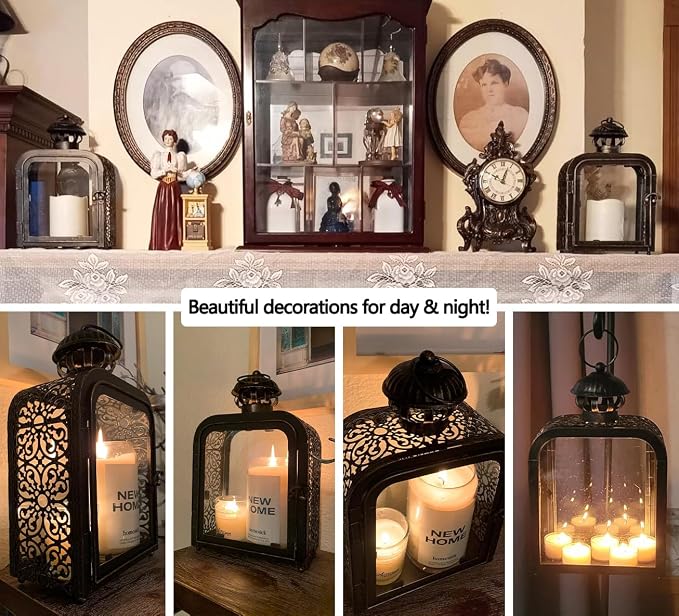 Candle Lantern Decorative Indoor & Outdoor, Vintage Metal Lanterns with Clear Glass, Tabletop&Hanging Candle Holders for Patio Front Porch Home Decor, Christmas Decorations (Bronze)