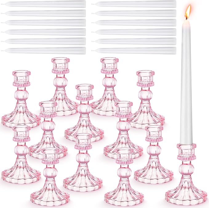 24 Pcs Glass Candle Holder Set 12 Candlestick White Candles,Pink | Clear Glass Holders with Taper Candles for Wedding Party Dinner Table Centerpiece, Elegant Classic Design Event Decor