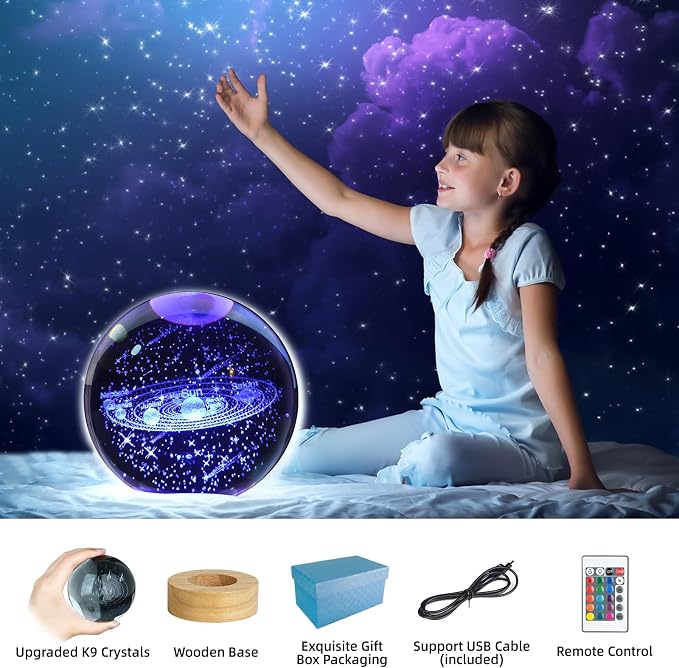 3D Solar System Crystal Ball Night Light, Upgraded 3.15 Inch Glass Ball Lamp with 16 Color LED Wooden Base, Solar System Model Desk Decor Birthday Christmas Space Gifts for Kids Friends