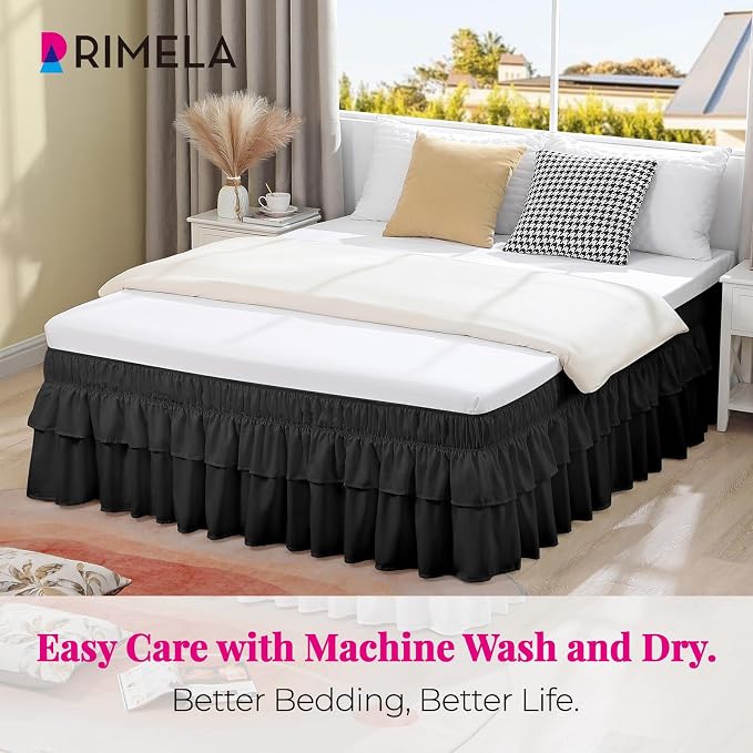 RIMELA Ruffle Bed Skirt Black Queen 15 Inch Drop, Elastic Wrap Around Bed Skirting Queen Size, Easy to Install Dust Ruffle, Machine Washable Soft Fabric, Multi Ruffle Bedskirt