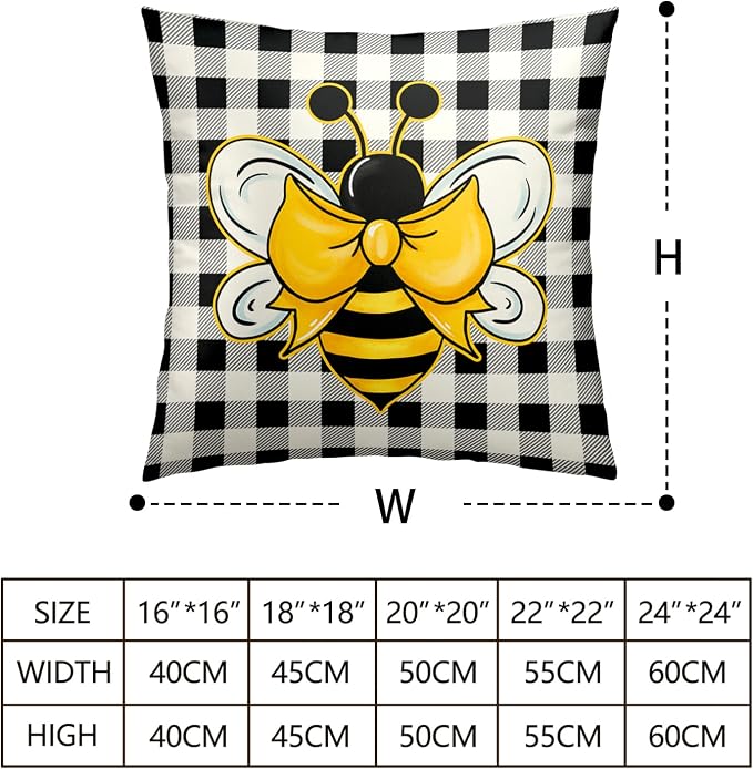 Honeybee Decorations Pillow Covers Black and White Buffalo Plaid Couch Cover 20 x 20 Spring Summer Throw Pillows Case Set of 2 Bees Home Decor for Indoor Living Room Bed