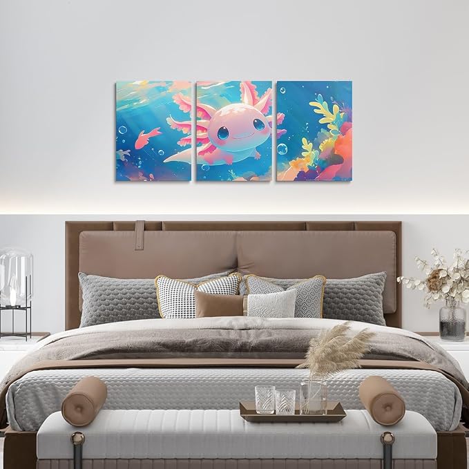 Feelyou Cute Axolotl Canvas Wall Art Kids Bedroom Wall Decor For Living Room Office Wall Decor Ocean Sealife Painting Framed Wall Pictures 3 Piece Ready To Hang for Bathroom Home Decor